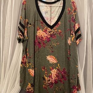 24/7 Comfort Apparel Olive Floral V-Neck Tee